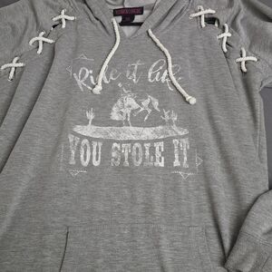 Rock & Roll Cowgirl Gray Hoodie with Lace-Up Accents Vintage
